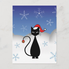 Cartão Postal De Festividades Gato de Natal com Flocos de Neve
