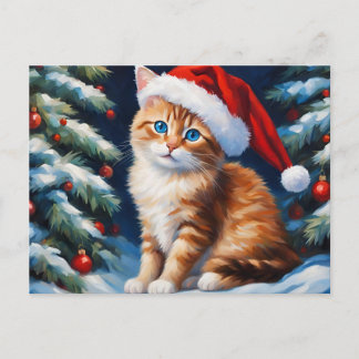 Cartão Postal De Festividades Gato de Natal e Árvore de Natal