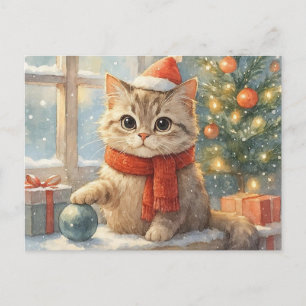Cartão Postal De Festividades Gato de Natal Fofo e Caprichoso