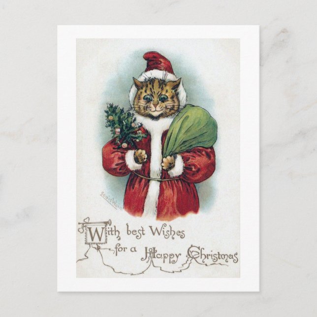 Cartão Postal De Festividades Gato de Natal, Louis Wain (Frente)
