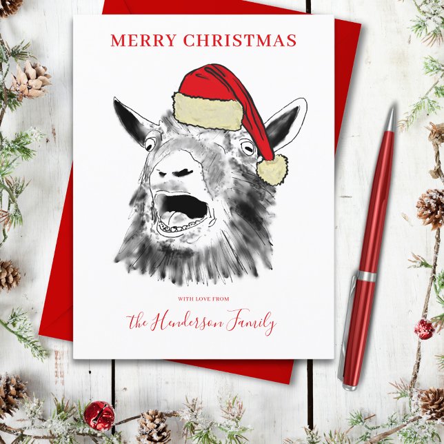 Cartão Postal De Festividades Gato de Natal personalizado gritando (Funny screaming goat christmas farm animal art personalized holiday greeting card)