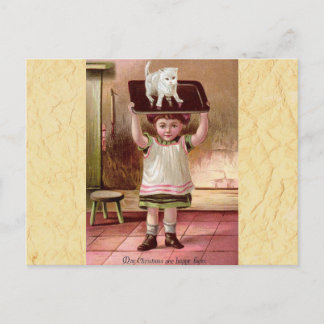 Cartão Postal De Festividades Gato de Natal vitoriano no Tea Tray 1880