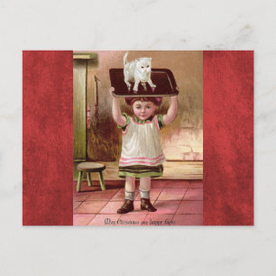 Cartão Postal De Festividades Gato de Natal vitoriano no Tea Tray 1880