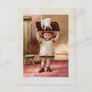 Cartão Postal De Festividades Gato de Natal vitoriano no Tea Tray 1880