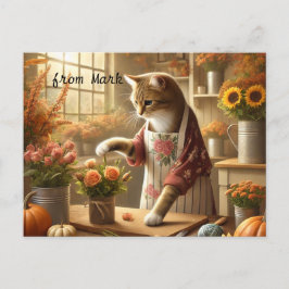 Cartão Postal De Festividades Gato de outono com Flores - Saudação de Fall Seaso