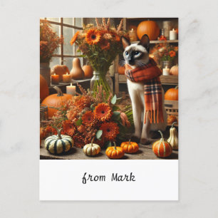 Cartão Postal De Festividades Gato de outono com Flores - Saudação de Fall Seaso
