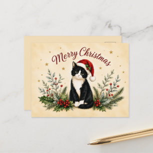 Cartão Postal De Festividades Gato de Smoking de Natal Feliz com Chapéu de Papai
