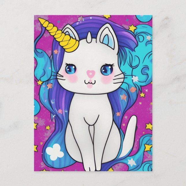 Cartão Postal De Festividades Gato de Unicorno Kawaii Cute (Frente)