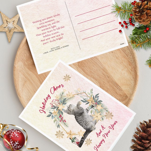 Cartão Postal De Festividades Gato Dourado Flocos de Neve Feliz ano novo Natal (Criador carregado)