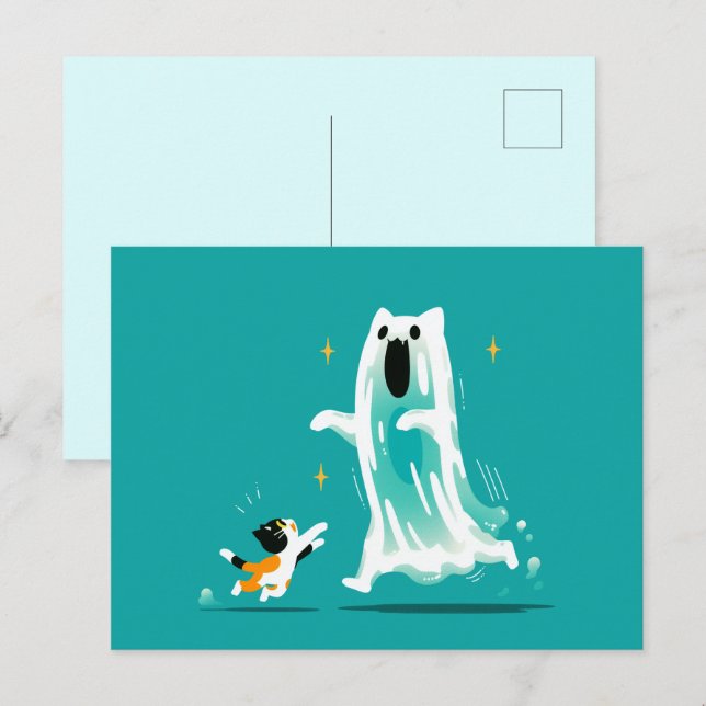 Cartão Postal De Festividades Gato e Fantasma Amigável - Halloween Bonito (Frente/Verso)