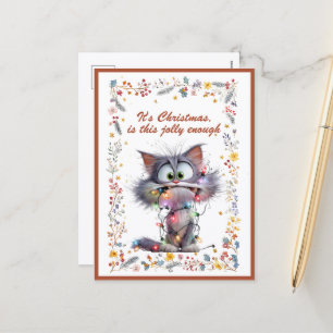 Cartão Postal De Festividades Gato e Luzes É Natal Isso É Alegre o Suficiente