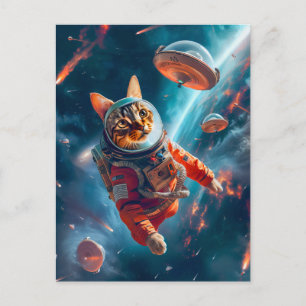 Cartão Postal De Festividades Gato Espacial Aventureiro Flutuando Graciosamente