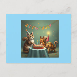 Cartão Postal De Festividades Gato, esquilo e tartaruga, fantasia de aniversário
