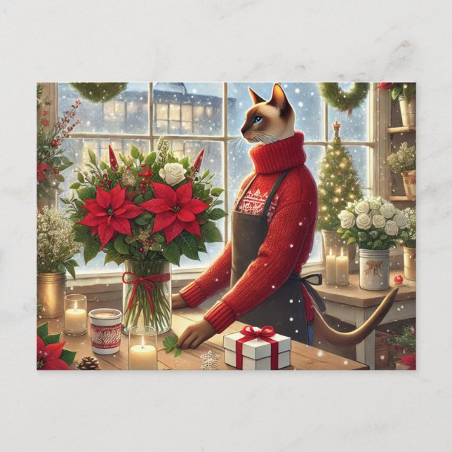 Cartão Postal De Festividades Gato Florista com Boas-Vindas de Natal (Frente)