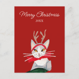 Cartão Postal De Festividades Gato fofo retrô natal vermelho