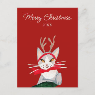 Cartão Postal De Festividades Gato fofo retrô natal vermelho
