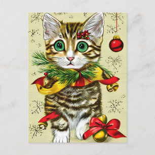 Cartão Postal De Festividades Gato Ginger de Natal Antigo e Enfeite 