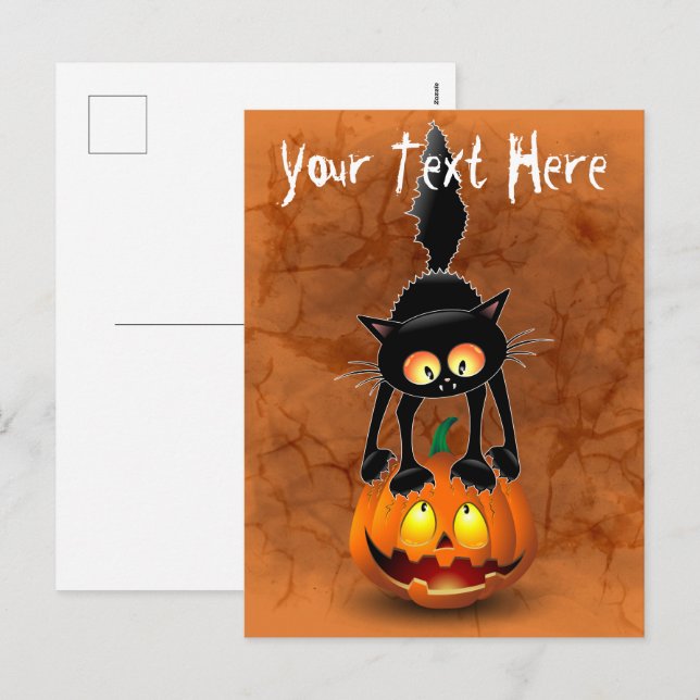 Cartão Postal De Festividades Gato Halloween Caricatura Assustada na Pumpkin (Frente/Verso)
