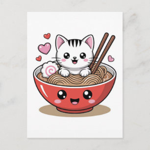 Cartão Postal De Festividades Gato Kawaii em tigela de ramen com pauzinhos e cor