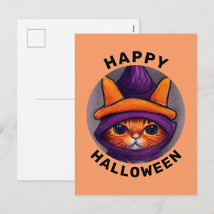 Cartão Postal De Festividades Gato Laranja com Chapéu de Bruxa Roxo Feliz Hallow