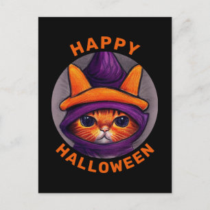 Cartão Postal De Festividades Gato Laranja com Chapéu de Bruxa Roxo Feliz Hallow