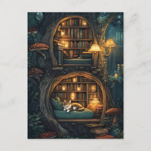 Cartão Postal De Festividades Gato Louco em uma Biblioteca do Armazém de Magia