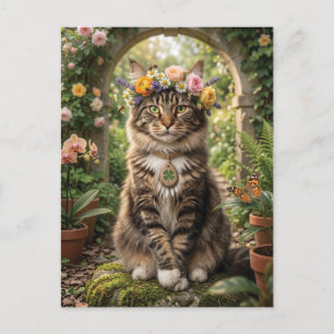 Cartão Postal De Festividades Gato Maine Coon Usando Coroa de Flores em um Jardi