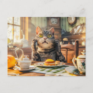 Cartão Postal De Festividades Gato na mesa do café da manhã com croissants e suc