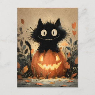 Cartão Postal De Festividades Gato Negra Bonito do Halloween em um Jack-o-Lanter