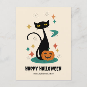 Cartão Postal De Festividades Gato Negro de Meio século de Halloween
