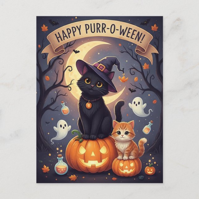 Cartão Postal De Festividades Gato Negro e Gatinho Bonito no Halloween de Pumpki (Frente)