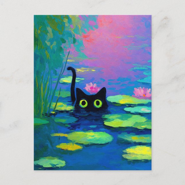 Cartão Postal De Festividades Gato Negro Engraçado Nadando Pond | Quirky Art (Frente)