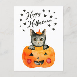 Cartão Postal De Festividades Gato Negro Halloween em Jack O' Lanterna