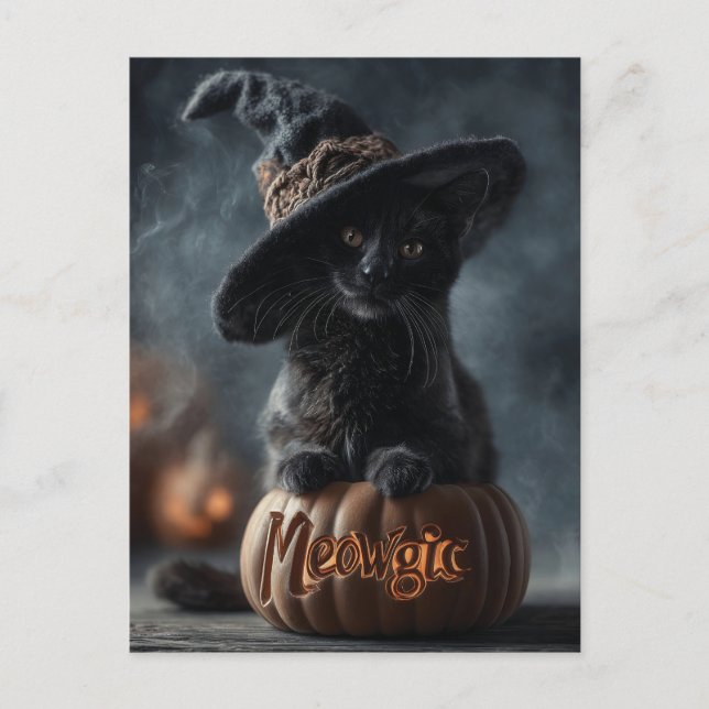 Cartão Postal De Festividades Gato Negro "Meowgic" num Chapéu de Bruxa (Frente)
