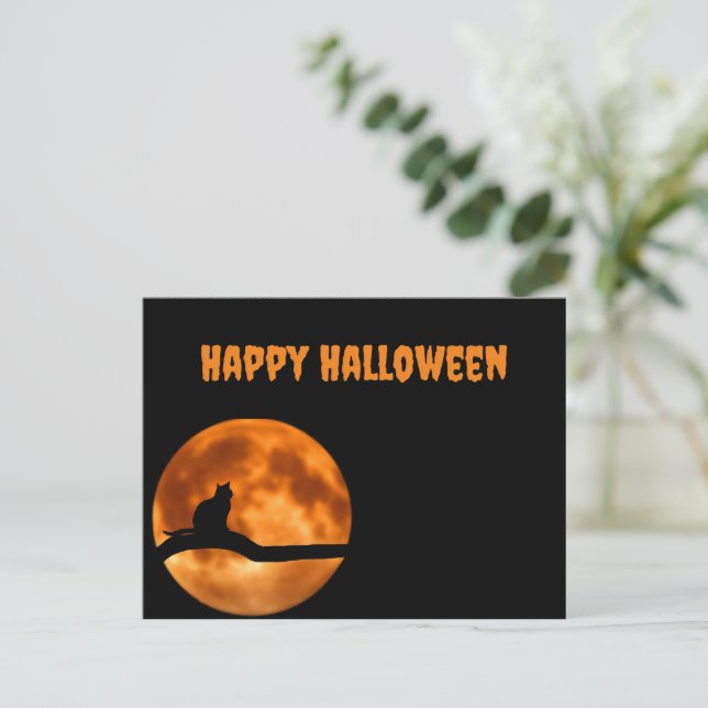 Cartão Postal De Festividades Gato Negro Sob Lua Laranja (Em pé/Frente)