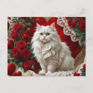 Cartão Postal De Festividades Gato Persa Branco dia de os namorados com Rosas