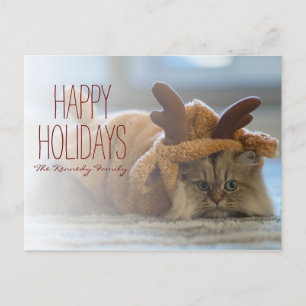 Cartão Postal De Festividades Gato persa no tapete à fantasia de renas