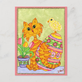 Cartão Postal De Festividades Gato & pintinho com ovo & páscoa da arte popular