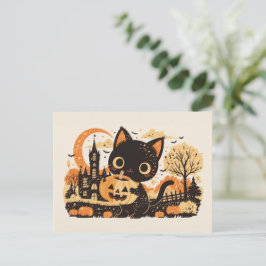 Cartão Postal De Festividades Gato Preto Adorável com Jack-o’-lantern