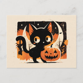 Cartão Postal De Festividades Gato Preto Adorável com Jack-o’-lantern