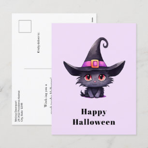 Cartão Postal De Festividades Gato preto bonito Vestindo o Dia das Bruxas