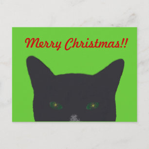 Cartão Postal De Festividades Gato preto com verde, "Feliz Natal vermelho "