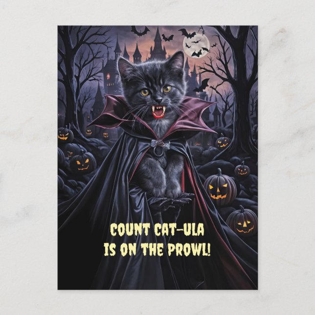 Cartão Postal De Festividades Gato Preto de Halloween Vampiro Bonito Engraçado (Frente)