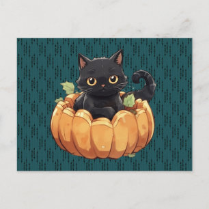 Cartão Postal De Festividades Gato Preto em uma Abóbora Fofo Adorável Halloween