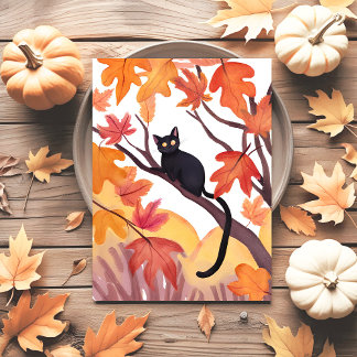 Cartão Postal De Festividades Gato Preto em uma Árvore | Outono Espantoso Fofo