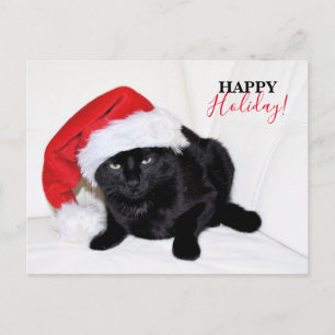 Cartão Postal De Festividades Gato Preto Fofo com Chapéu de Papai Noel