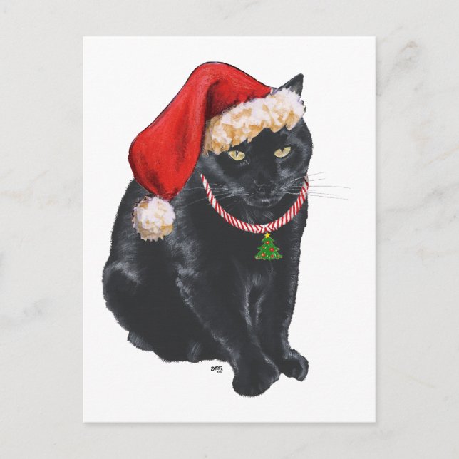 Cartão Postal De Festividades Gato preto no chapéu do papai noel (Frente)
