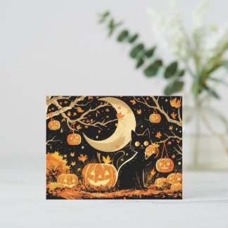 Cartão Postal De Festividades Gato Preto Retro com Jack-o’-Lanterns