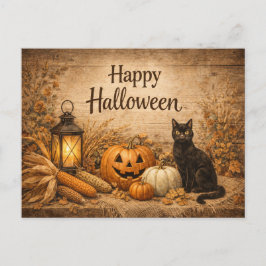 Cartão Postal De Festividades Gato Preto Rústico Milho Halloween