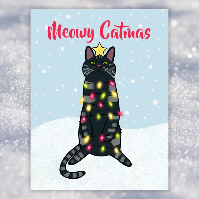 Cartão Postal De Festividades Gato preto trocadilho em luzes de Natal engraçado  (Criador carregado)